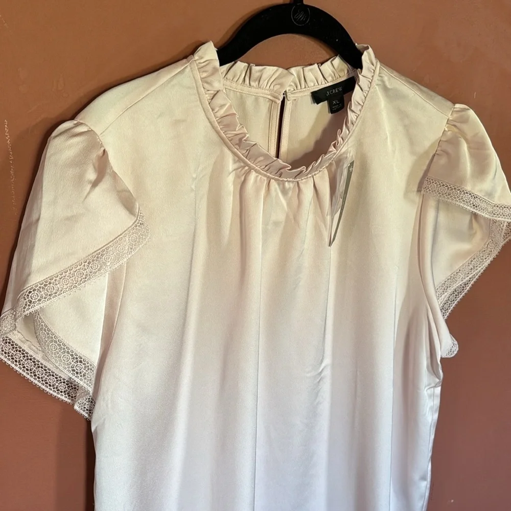 😊NWT J.CREW Tulip-sleeve ruffleneck top blouse Dune Pink Beige Shell size…